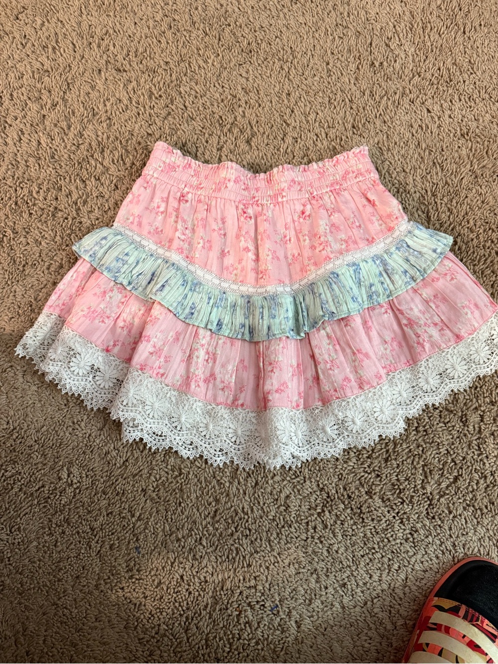 LoveShackFancy Pink Floral Ruffled Skirt with Lace Trim